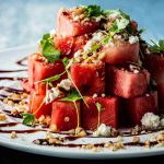 a white plate topped with watermelon slices covered in toppings.