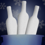 three white bottles in a blue vase with snowflakes in the background.