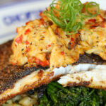 Blackened fish topped with crab imperial