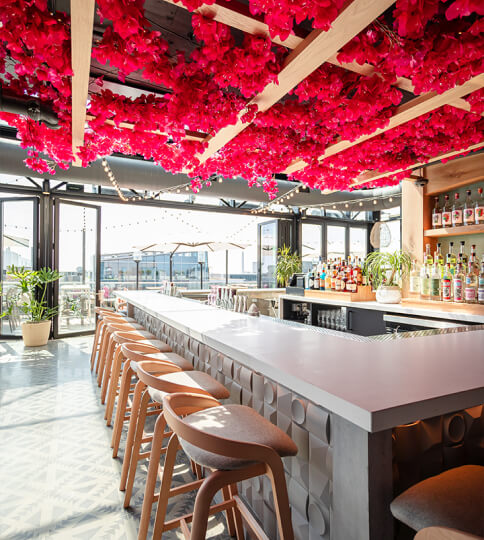 a bar with a lot of stools and flowers hanging from the ceiling.