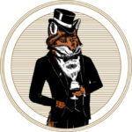 a fox wearing a top hat and holding a drink.