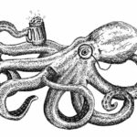 a drawing of an octopus holding a beer.