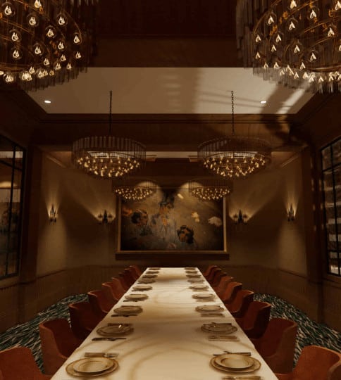 a long table is set for a formal dinner.