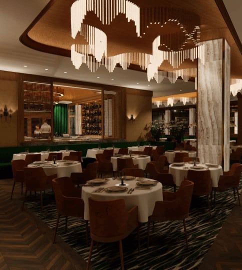 a dining room with tables and chairs and a chandelier.